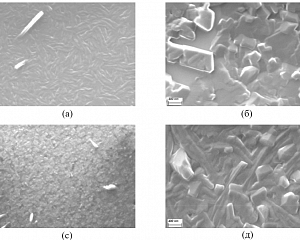 Рисунок 1. СЭМ-изображения пленок Ni-EtioP-III толщиной 100 нм, осажденных при комнатной температуре (а, в) и 100 °C (б, г) на подложках: монокристаллического (100) кремния (а, б) и стекло/ITO (в, г)