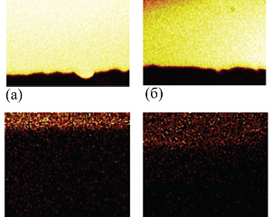 Рисунок 1. 2D-изображения межэлектродного зазора, полученные методом ToF-SIMS для: вторичных отрицательных ионов PbI3, распыляемых пучком ионов цезия (а,б) и вторичных положительных ионов Au, распыляемых пучком ионов кислорода (в,г) – до (а,в) и после (б,