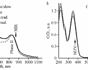 Рисунок 2. Спектры пленок PcVO, «медленно» (а) или «быстро» (скорость «fast» 2 нм/с) (б) осажденных на сапфировые подложки, до (сплошная линия) и после засветки LED-источником в ближней УФ (NUV-irrad.) и ИК (NIR-irrad.) области